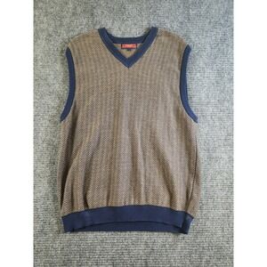 Austin Reed London Mens Medium V-Neck Sweater Vest Herringbone Navy Tan Knit
